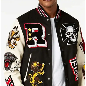 เสื้อแจ็คเก็ตเบสบอลคู่รักสีดำปักโลโก้หนังแบบกำหนดเอง เสื้อแจ็คเก็ต Letterman สีฟ้าอ่อนสำหรับผู้ชาย - Product Image 4