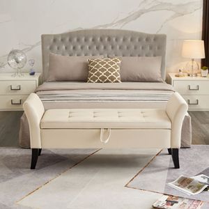 Panca letto da 51,5 pollici con contenitore in velluto beige, mobile per camera da letto - Product Image 2