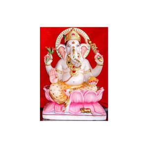 Statue de Dieu Shree Ganesh Ji en marbre blanc brillant décoratif, assis sur un chowki avec une souris, design magnifique pour la prière - Product Image 6