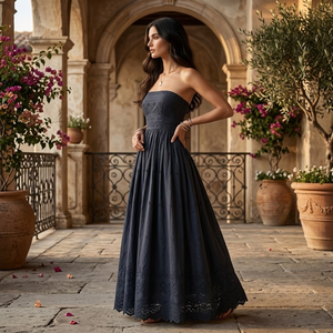 Robe maxi élégante bleu marine sans bretelles |   Robe de soirée d'été pour femme, style bohème, à broderie à œillets, coupe bandeau et taille froncée, idéale pour les vacances - Product Image 2