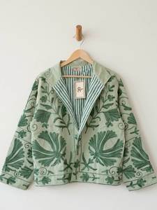 Embroidered Woven Woolen Floral Quilted Jacket <b>Women</b> Boho Summer Winter <b>Coat</b> Wool Lining Single Button Outerwear Polyester - Product Image 2