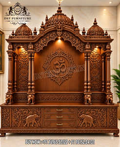 Professional Durable Modern <b>Walnut</b> Finish Teak Wood Mandir Traditional Pooja <b>Cabinet</b> Doors Bells Premium Elegant Decor - Product Image 2