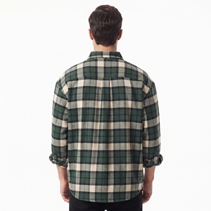 Camisa a cuadros de tres tonos para hombre, corte holgado, manga larga, tejido relajado, proveedor OEM de ropa al por mayor. - Product Image 2