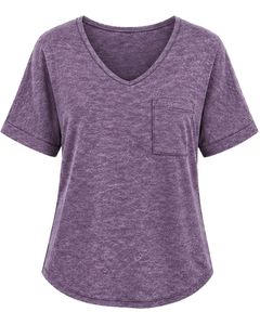 T-shirt décontracté pour femme en coton mélangé, col en V, manches courtes, doux, léger, avec poche, pour l'été, confortable, à porter au quotidien - Product Image 1