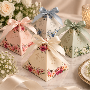Boîte cadeau pyramidale florale personnalisée avec nœud en ruban, boîte d'emballage de luxe pour dragées de mariage, chocolats et bonbons, emballage cadeau haut de gamme - Product Image 3