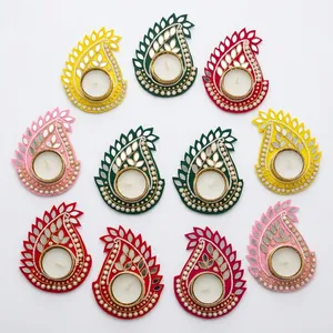 Handmade Wooden Tea Light Holder with Embossed Floral Design in Red <b>Pink</b> Green Yellow for Wedding Home Decoration - Product Image 3