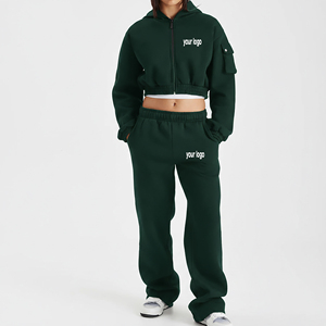 Ensemble deux pièces sur mesure 100% coton : sweat à capuche zippé et pantalon évasé, veste zippée, pantalon évasé, ensemble de jogging, ensemble de survêtement - Product Image 1