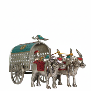 Sculpture décorative de chariot de bœuf en argent poli, artisanat en pierre fait main, pièce maîtresse pour l'ameublement de luxe - Product Image 4