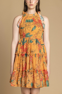 Robe légère évasée de haute qualité pour femmes, imprimé lotus jaune, tenue de plage pour les vacances d'été, disponible en gros - Product Image 5