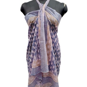 Yellow Grey Floral Hand Block Printed Cotton Sarong Scarf with Geometric Border Lightweight <b>Beach</b> <b>Wrap</b> Stole for Women - Product Image 1