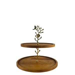 3 <b>Tier</b> Wooden <b>Cake</b> Stand With Gold Branch Stem Elegant Handcarved Acacia Wood Tiered Serving Tray For Wedding And High Tea Decor - Product Image 5