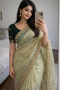 Sari en tissu twill doux et pur avec des broderies sur toute la surface du sari et un travail multi-détails. - Product Image 2