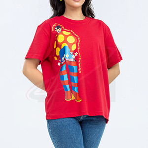 Camiseta Roja para Mujer con Estampado de Personajes, Cuello Redondo, Manga Corta, 100% Algodón, Corte Holgado, Ropa Casual de Primavera/Verano - Product Image 2