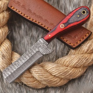 Cuchillo de vaquero forjado a mano de acero de Damasco, cuchillo de corte de lomo de toro personalizado OEM de espiga completa con mango de madera de Pakka y funda - Product Image 1