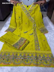 Kurti-Pantalón recto listo para usar, diseño Bollywood, seda Chanderi con bordado, cordón, lentejuelas e hilos, moda femenina. - Product Image 4