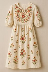 Vestido midi de algodón con bordado floral a mano en tela crema premium, elegante, con mangas abullonadas y cuello en V para mujer. - Product Image 3