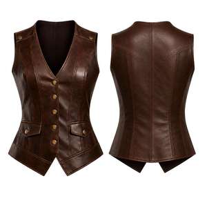 Chaleco Gótico de Cuero Vacuno Negro 100% Original VIBE SEWN OEM para Mujer, Cuello en V, Doble Botonadura, Resistente al Viento, con Bolsillos Laterales, Sin Mangas - Product Image 6