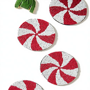 Handmade Durable <b>Beaded</b> Round <b>Coaster</b> Set Peppermint Swirl Design Drink <b>Coaster</b> Bead Embroidery Table Decor Modern HK EXPORTS - Product Image 2