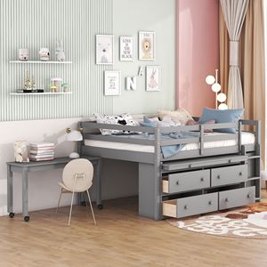 Letto a Soppalco in Legno a Grandezza Naturale con Scrivania Retrattile e 4 Cassetti, Scaffali Laterali Portatili in Grigio per Bambini - Product Image 1