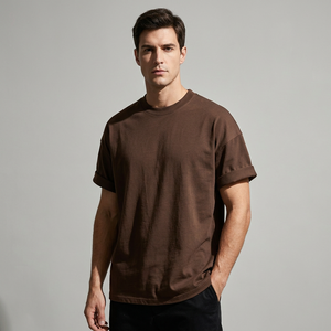 Brown Solid Jersey Oversized Acid Wash T-Shirt Loose Fit Crewneck Short Sleeve Cotton Custom Print Streetwear 320g Front <b>Logo</b> - Product Image 2