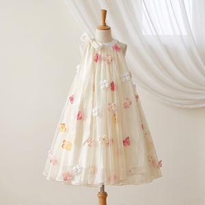 Vestido de Princesa para Boda con Cuello Halter, Tul Floral, Línea A, Satén, Apliques Florales 3D, Transpirable y Ligero, Vestido de Niña de las Flores - Product Image 1