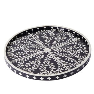 Bandeja Redonda de Hueso Verde con Incrustaciones Hechas a Mano, con Intrincado Diseño Floral, Elegante Bandeja Decorativa para el Hogar y la Cocina - Product Image 3