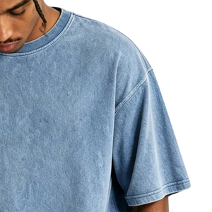 T-shirt bleu délavé pour homme, coupe oversize, manches courtes, col rond, style vintage décontracté, streetwear, vente en gros - Product Image 3