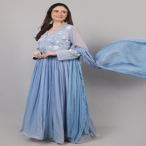 Royal Designer Wear Women’s designer Long Dress Sky bulk colour With <b>Beads</b> Sequence & <b>Thread</b> work Wear For Functions - Product Image 1