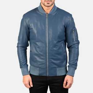 <b>LONG</b> MISSION INDUSTRY Men's Blue <b>Leather</b> Mandarin Collar Zipper Closure Winter Moto Style Heated Regular Sleeve Solid <b>Jacket</b> - Product Image 1