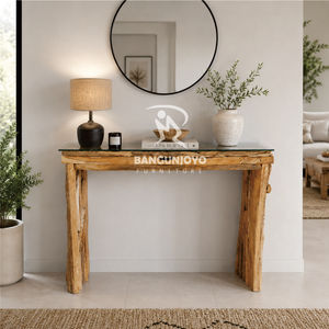 Console rustique en bois massif avec plateau en verre trempé, meuble d'entrée moderne fait main - Product Image 4