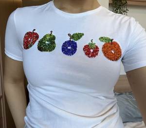 100% Combed Cotton Cute Luxury Hand-Embellished Breathable Summer Canvas Sports Style Party T-Shirt Crystal Bead <b>Patchwork</b> - Product Image 4