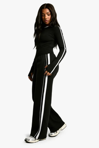 Pantalon en molleton à jambe large pour femme, taille mi-haute avec cordon de serrage, coupe décontractée ample, longueur intégrale, noir uni, en coton respirant, idéal pour l'automne - Product Image 3
