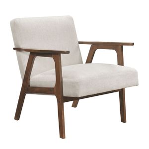 Poltrona Moderna Contemporanea in Tessuto Beige con Finitura Marrone in Legno di Gomma Massiccio, Arredamento Moderno per Soggiorno - Product Image 1