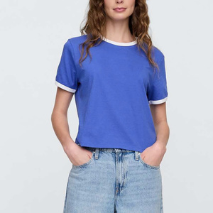 Women's Blue Crop T-<b>Shirt</b> With <b>Flame</b> Logo Print Casual Short Sleeve Crew Neck Loose Fit 100% Cotton Spring Summer Wear for lsale - Product Image 4