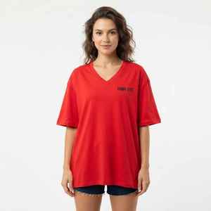 <b>Women's</b> Red <b>V</b>-<b>Neck</b> Short Sleeve <b>T</b>-<b>Shirt</b> Loose Fit 100% Cotton Casual Jersey Print Logo Top Spring Summer - Product Image 3