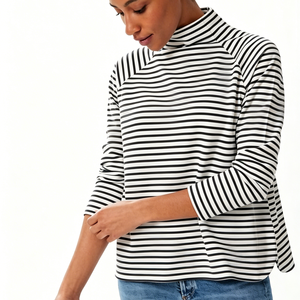 Women's Light Blue White Striped Turtleneck Top Three Quarter Sleeve Knitted Casual Spring Wear Casual Pullover Top - Product Image 3