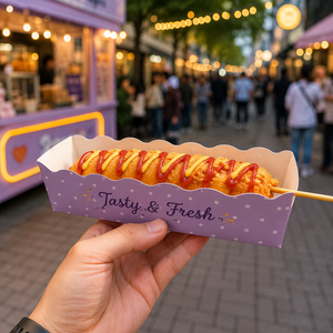 Boîte alimentaire en carton fraîche et pratique pour Corn Dog, Churros, Hot Dog – Emballage jetable auto-érectile oblong avec impression quadricolore - Product Image 1