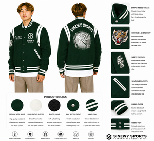 SINEWY SPORTS Men's Varsity Jacket Green 100% Cotton Wool Blend Embroidered Tiger Patch <b>Covered</b> <b>Button</b> Front Preppy Style Winter - Product Image 1