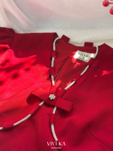 Women's <b>Red</b> V-Neck Cap Sleeve Blouse With Bow Detail Elegant <b>Crop</b> <b>Top</b> For Party Spring Summer Style THETIS - Product Image 5