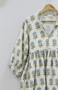 Robe d'été formelle simple 100 % coton faite à la main, écologique, motif floral imprimé au bloc indien, respirante, taille naturelle, longueur midi - Product Image 2