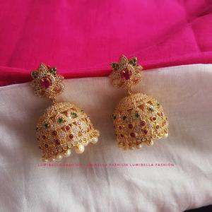 Big American Diamond Gold Plated Pearl Jhumka Hoop Earrings - Product Image 1