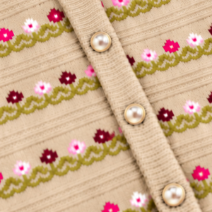 Cárdigan de punto floral de algodón suave con cuello redondo para mujer, beige, estampado, manga larga, con botones al frente, venta al por mayor a granel - Product Image 6
