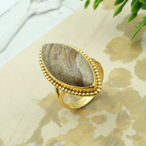 Anillo de Plata de Ley 925 con Incrustaciones de Jaspe, Hecho a Mano, Forma Marquesa, Marco con Cuentas, Joyería Boho, Chapado en Oro Rosa y Oro Amarillo - Product Image 5