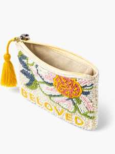 Luxury Handmade Tyvek Coin Pouch Women Floral BELOVED Design Wrist Strap Chain <b>Cute</b> Mini <b>Purse</b> Premium Artisan Beadwork - Product Image 3