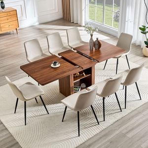 Set Tavolo da Pranzo Allungabile 59-71 Pollici con Tavolo Estraibile in MDF Noce e 8 Sedie in PU Artificiale Grigio Caldo - Product Image 2