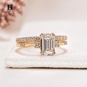 Luxury Emerald Cut Lab Grown Diamond Engagement <b>Ring</b> <b>Set</b> 14K Yellow <b>Gold</b> Side Cluster Bridal Stack - Product Image 2