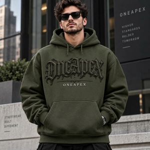 Sweat-shirt à capuche surdimensionné vert olive pour homme, streetwear de luxe, avec logo embossé sur le devant, vente en gros de vêtements - Product Image 2