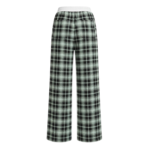 Pantalones de Salón de Franela Verde a Cuadros de Pierna Ancha para Mujer con Cintura Elástica y Cordón, Bolsillos Laterales - Ropa de Dormir Casual para Uso Diario - Product Image 2