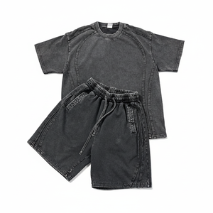 2026 Premium Summer Casual Washed Black Solid Paneled 100% Cotton Terry Eco-Friendly Front Logo Two-Piece T-Shirt & Short <b>Set</b> - Product Image 1