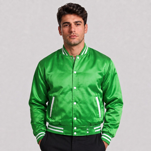 Veste de sport en satin vert pour homme avec bordure à rayures blanches Coupe classique Col rabattu Fermeture à boutons Vêtement décontracté pour l'automne - Product Image 1